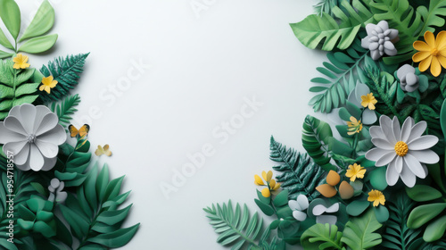 Intricate paper art flowers and green leaves frame a blank space, perfect for nature-themed designs and invitations.