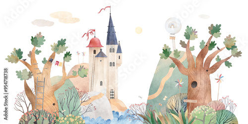 Wallpaper Mural Watercolor landscape, big trees, lake, hills and fairytale castle. Decor for a children room. Watercolor background. Torontodigital.ca