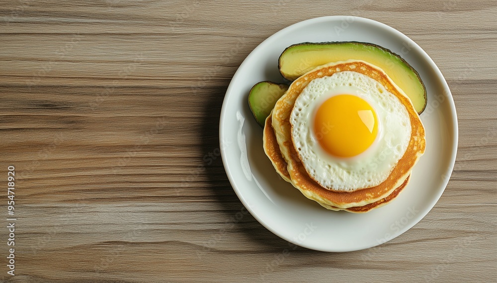 Pancake with egg fried no oil, avocado fruit slice on white plate in table flat lay Pancake with egg fried no oil, avocado fruit slice on white plate in table flat lay