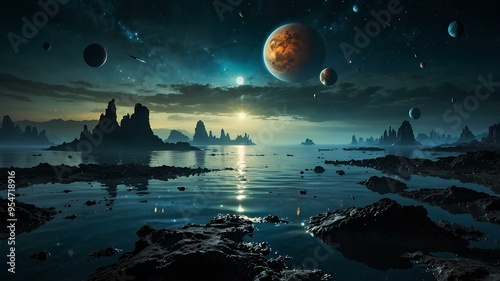 Alien oceans. Vast mysterious bodies of water on distant planets, strange aquatic life forms, unique underwater landscapes. Realistic style. photo