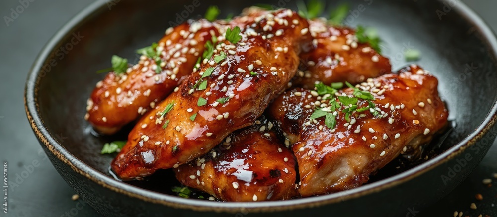 baked chicken pieces with teriyaki sauce close up top view copy space