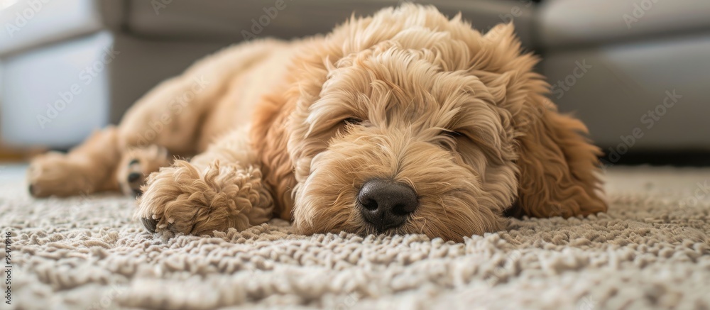 Labradoodle rests its head on the carpeted floor. with copy space image. Place for adding text or design Labradoodle rests its head on the carpeted floor. with copy space image. Place for adding text or design