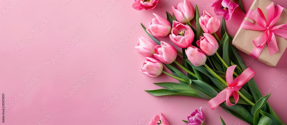 Bouquet of pink tulips empty greeting card and gift boxes Top view Copy space Bouquet of pink tulips empty greeting card and gift boxes Top view Copy space