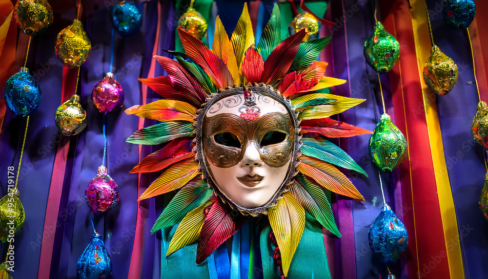 custom made wallpaper toronto digitalA traditional Dominican Republic carnival mask with vibrant colors and intricate designs, displayed against a backdrop of festive decorations and lively carnival atmosphere.