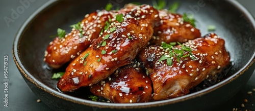 Obraz na płótnie baked chicken pieces with teriyaki sauce close up top view copy space w salonie