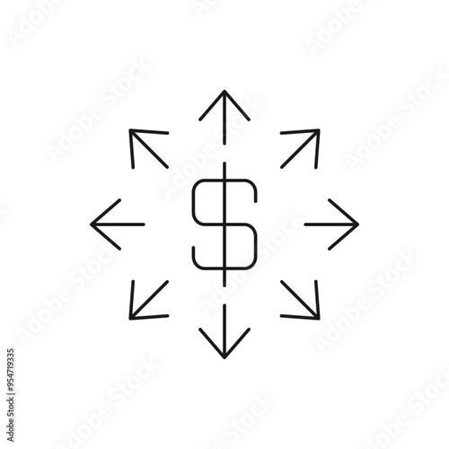 Dollar currency share network. Money sign with multidirectional arrows icon design isolated on white background. Vector illustration