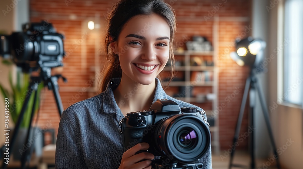 Female Vlogger Smiling with Camera in Hand. Young woman with a ponytail smiles at the camera, holding a professional camera, in a brick-walled studio setup. Female Vlogger Smiling with Camera in Hand. Young woman with a ponytail smiles at the camera, holding a professional camera, in a brick-walled studio setup.