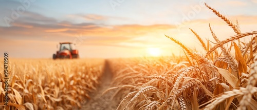 A tractor working in a golden wheat field during a beautiful sunset, showcasing agricultural machinery and ripe crops ready for harvest.