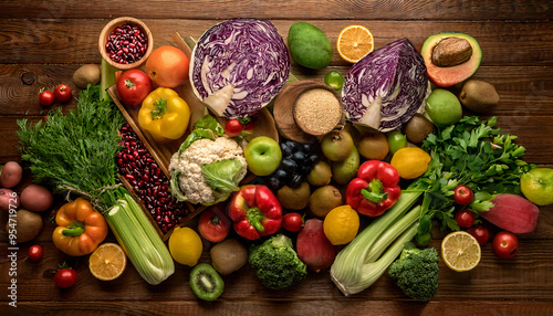 Wallpaper Mural A vibrant overhead view of assorted fresh vegetables and fruits arranged on a wooden kitchen table, highlighting healthy eating and natural colors. Torontodigital.ca