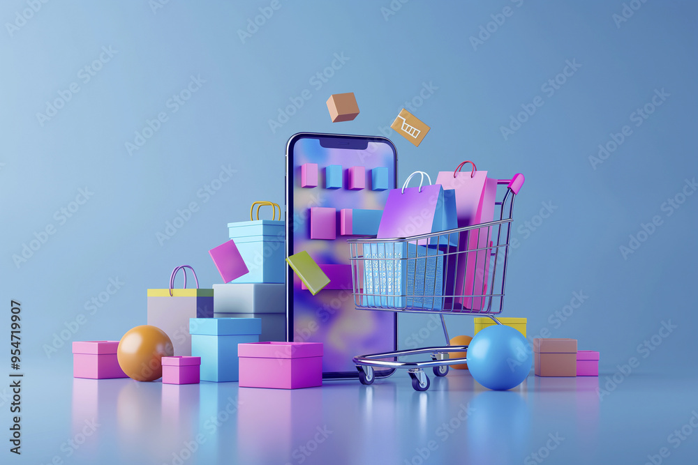 3D shopping cart with smartphone, giftboxes and shopping bags. Online shopping concept. Purchasing goods and services online, ecommerce, digitalization. Minimal cartoon style