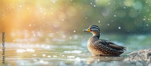 A spot billed duck is resting at the shore. with copy space image. Place for adding text or design photo