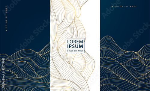 Vector set of art deco luxury wave patterns, gold and black fancy water cards, labels, brochures. Abstract  line chocolate, wine package templates.