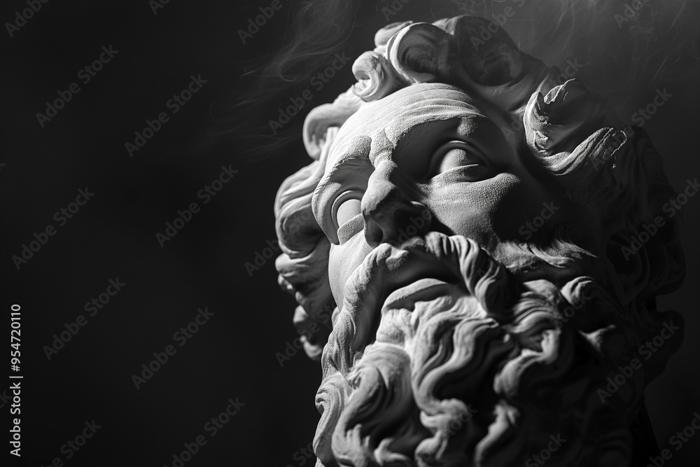 Ancient Roman or Greek statue closeup, white marble, high contrast. Side view with copy space. Sculpture, face of a mythological hero, portrait of god on black background Ancient Roman or Greek statue closeup, white marble, high contrast. Side view with copy space. Sculpture, face of a mythological hero, portrait of god on black background