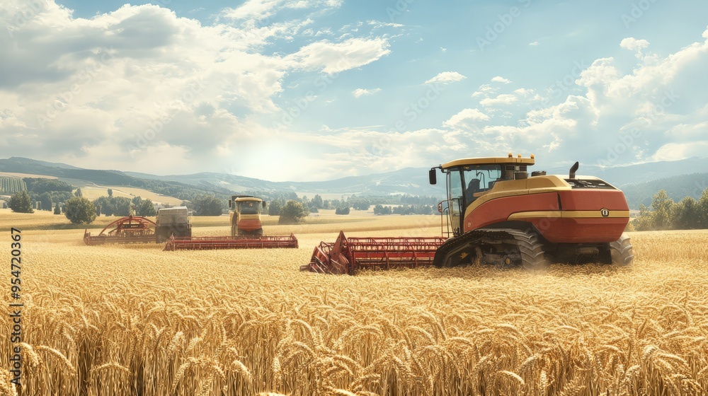 Fototapeta premium Combine harvesters working in a golden wheat field on a sunny day, capturing the essence of agricultural machinery and rural life.