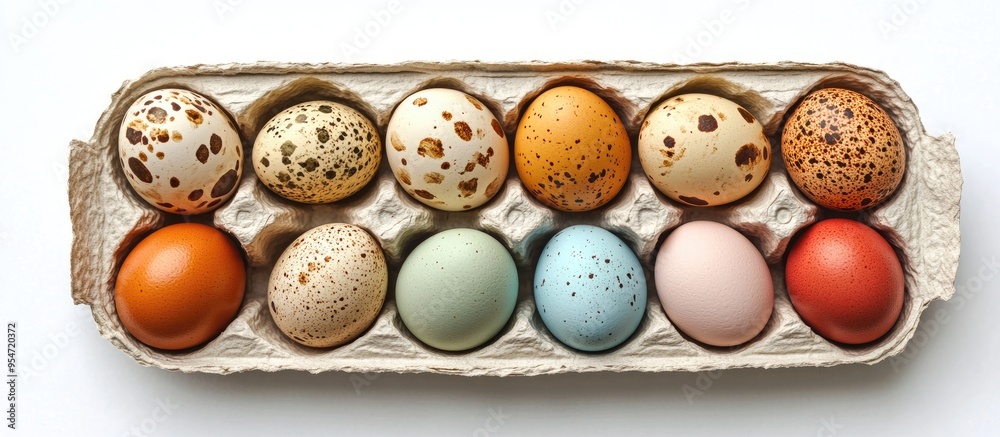 Painted Easter quail eggs in a carton box isolated on a white background Concept for Easter holiday greetings Copy space Top view Painted Easter quail eggs in a carton box isolated on a white background Concept for Easter holiday greetings Copy space Top view
