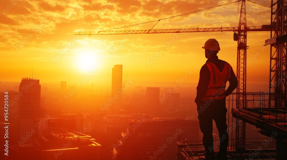 Construction worker observing a city skyline at sunrise from a high-rise building site, featuring cranes and an orange-hued sky. Construction worker observing a city skyline at sunrise from a high-rise building site, featuring cranes and an orange-hued sky.