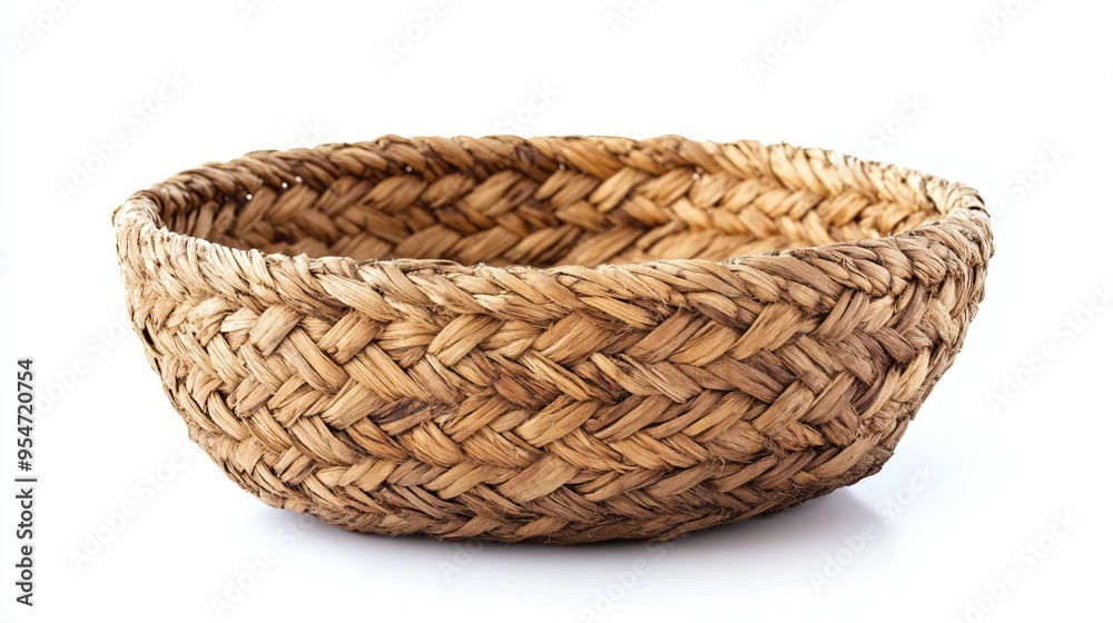 Obraz premium Handcrafted basket woven from natural bast fibers, isolated on a pure white backdrop. 