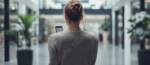 Back view of an unidentified female employee sending text messages on her mobile phone with a black screen set against the blurred backdrop of a contemporary workspace. with copy space image photo