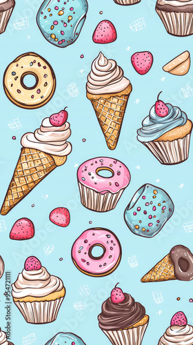 A Delightful Pattern of Cupcakes, Donuts, and Ice Cream Cones, Perfectly Arranged Against a Soft Blue Background.