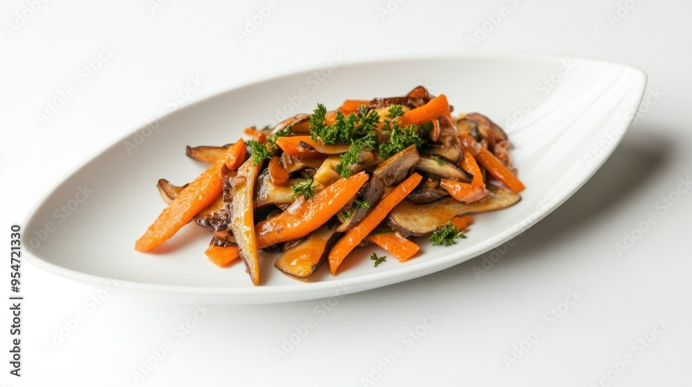 Kinpira gobo burdock root and stir-fried carrots on white plate. Kinpira gobo burdock root and stir-fried carrots on white plate.