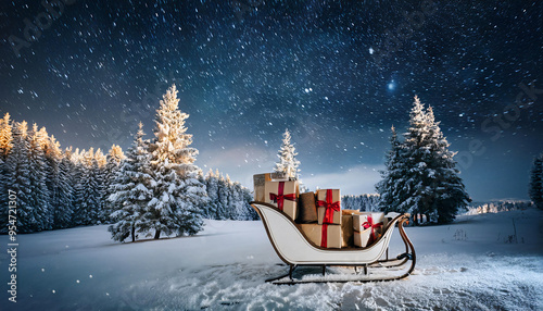 Santa Claus’s sleigh filled with wrapped gifts, parked in a snowy landscape with snow-covered trees and a starry night sky.