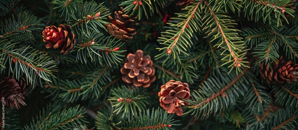 Fir branch on a red background Top view Space for text. with copy space image. Place for adding text or design Fir branch on a red background Top view Space for text. with copy space image. Place for adding text or design
