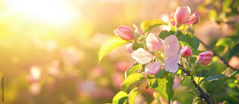 spring Apple orchard flowering plants like a blossoming girl vibrant sunshine backdrop. with copy space image. Place for adding text or design spring Apple orchard flowering plants like a blossoming girl vibrant sunshine backdrop. with copy space image. Place for adding text or design