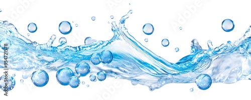 Blue Water Splash with Bubbles, Isolated on White Background