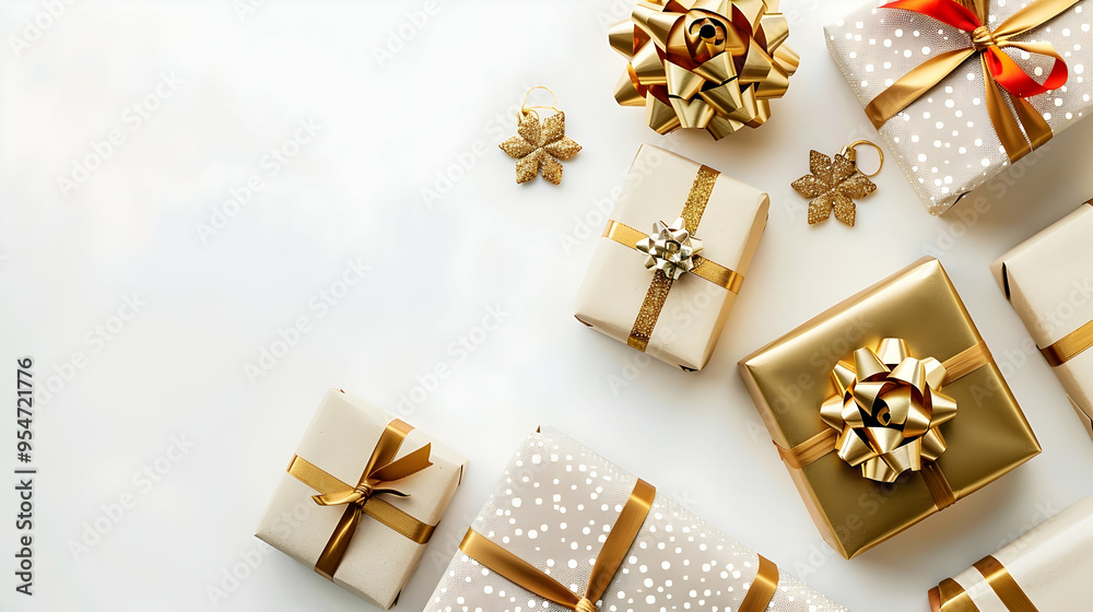 gift boxes with gold bow - top view - on white background, copy space gift boxes with gold bow - top view - on white background, copy space