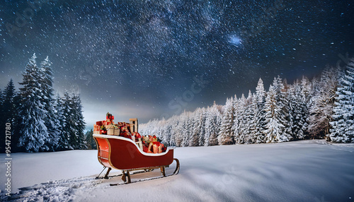 Santa Claus’s sleigh filled with wrapped gifts, parked in a snowy landscape with snow-covered trees and a starry night sky.