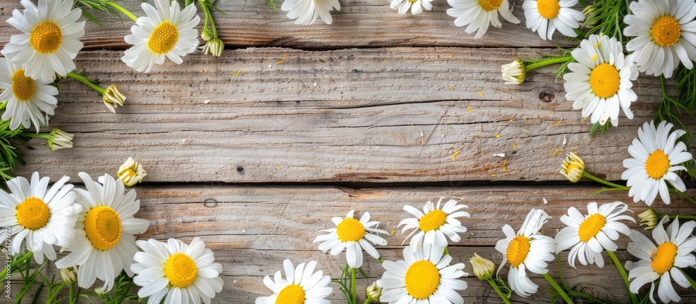 Obraz premium A frame crafted from lovely chamomile flowers set against a wooden background. with copy space image. Place for adding text or design