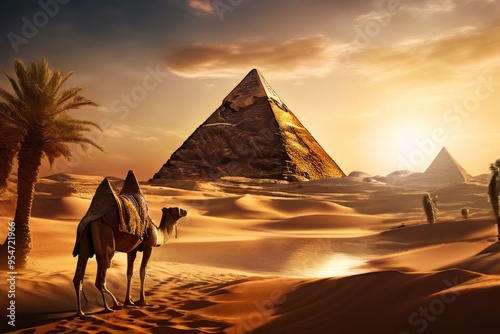 cairo pyramids of giza and sphinx rising from a holographic dese photo