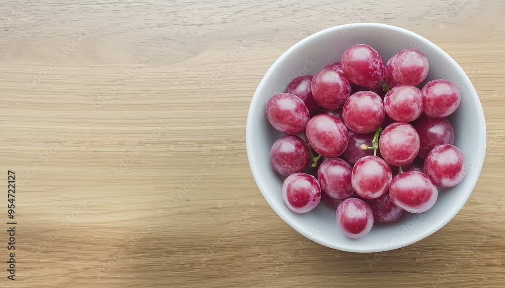 Grapes purple fruit in white ceramic bowl in copy space wooden table Grapes purple fruit in white ceramic bowl in copy space wooden table