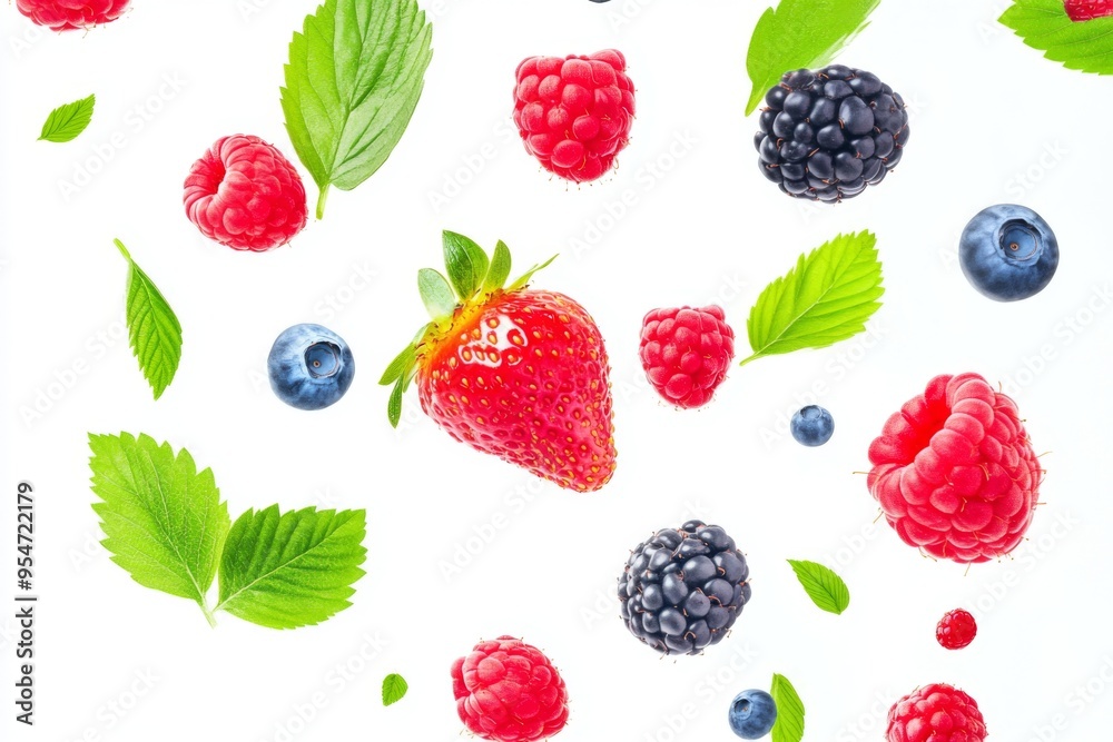 Flying fresh berries: Strawberries, Raspberries, Blueberries and Blackberries on white background. Flying fresh berries: Strawberries, Raspberries, Blueberries and Blackberries on white background.