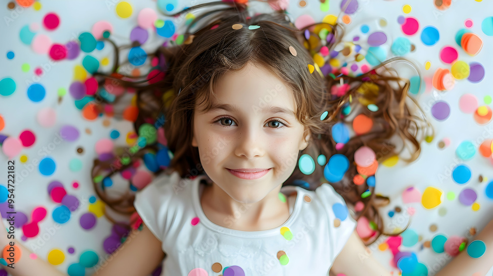 happy birthday child girl with confetti on white background happy birthday child girl with confetti on white background