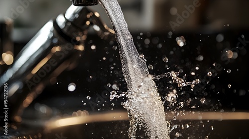 Closeup of water spraying from a kitchen faucet with a pull down sprayer creating a refreshing splashing gushing motion and a wet drenched soaked appearance photo