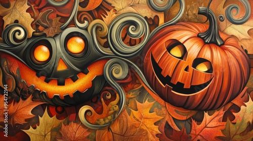 A whimsical painting featuring a glowing Jack-O'-Lantern and another smiling pumpkin surrounded by intricate autumn leaves, symbolizing the festive spirit and warmth of fall.