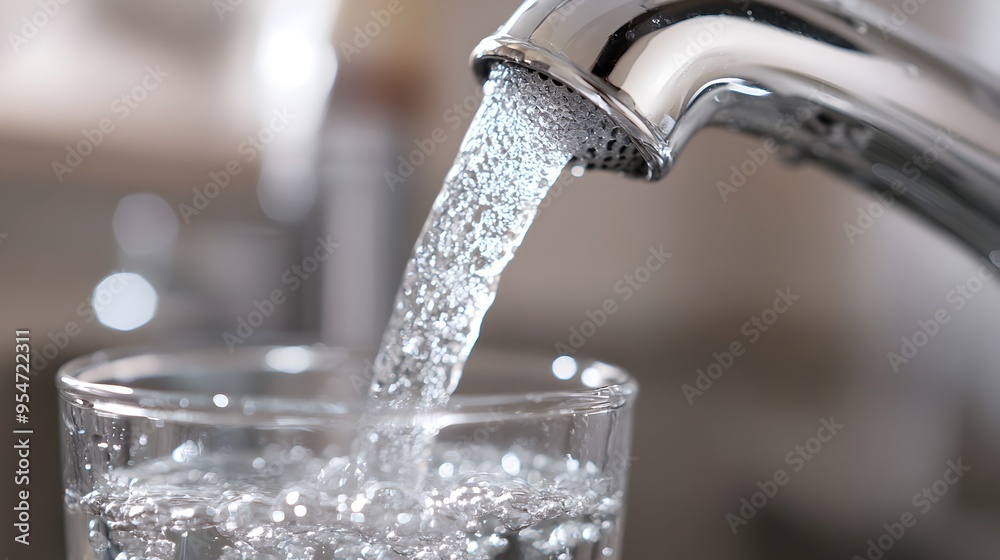 Closeup view of crystal clear water flowing from a metal faucet into a transparent glass creating a peaceful minimalist scene with a sense of tranquility and purity Closeup view of crystal clear water flowing from a metal faucet into a transparent glass creating a peaceful minimalist scene with a sense of tranquility and purity