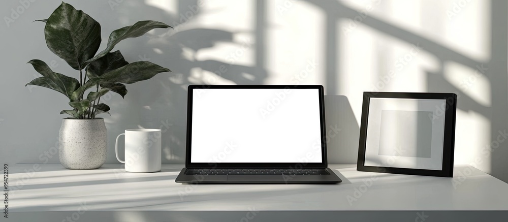 Obraz premium Mockup laptop with a blank screen a picture frame and a coffee cup on a white table. with copy space image. Place for adding text or design