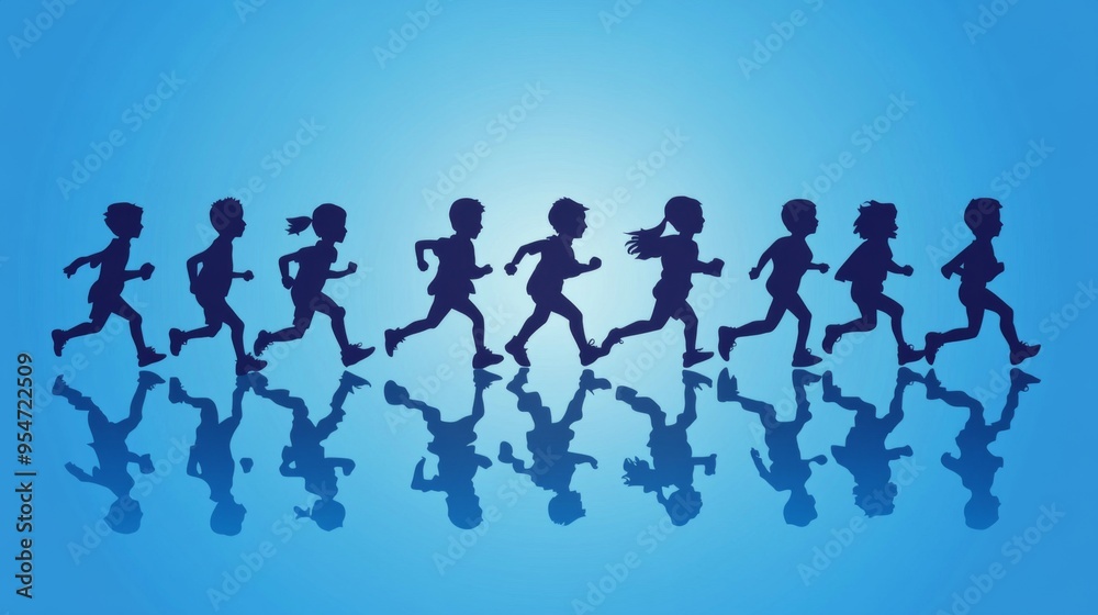 Depicting youthful energy, this image shows children running in a single file line, their silhouettes mirrored perfectly on a reflective blue surface with a gradient sky background. Depicting youthful energy, this image shows children running in a single file line, their silhouettes mirrored perfectly on a reflective blue surface with a gradient sky background.