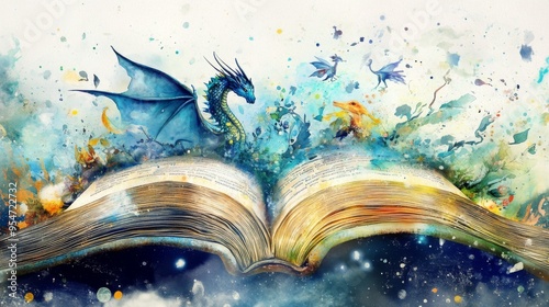 A vibrant fantasy scene depicting dragons and magical creatures emerging from an open book, symbolizing the limitless imagination and adventure found in storytelling.
