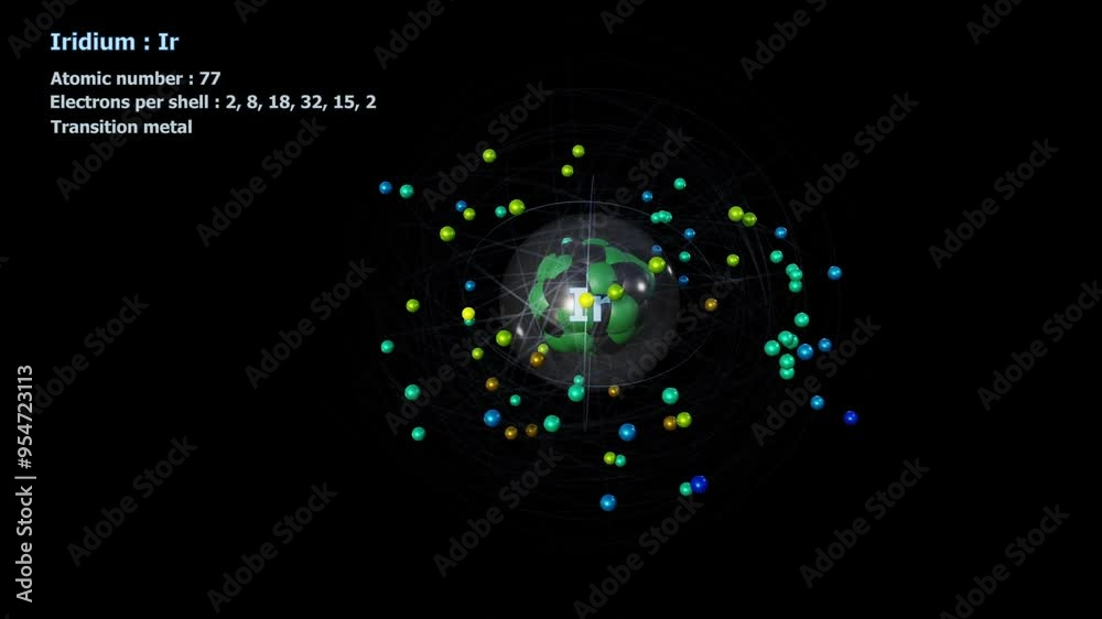 Atom of Iridium with 77 Electrons in infinite orbital rotation with a black background Atom of Iridium with 77 Electrons in infinite orbital rotation with a black background