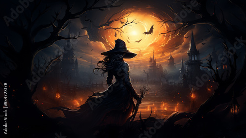 Back view of a Witch with hat walking to some strange castles with glowing orange lights and a scary portal light in the cloudy sky