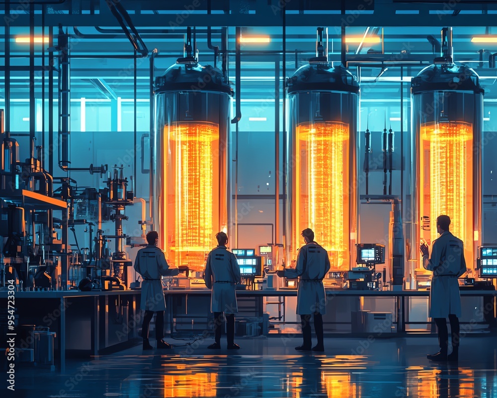 Craft a detailed scene of a modern lab where scientists celebrate a ...