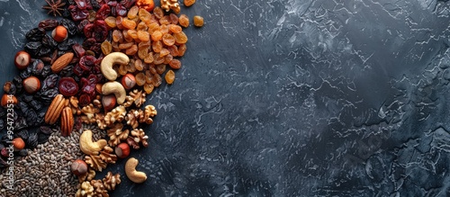 Fototapeta Naklejka Na Ścianę i Meble -  A variety of dried fruits and nuts on a dark stone table featuring copy space