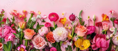 Spring floral arrangement Top view of flowers on a vibrant background Seasonal flower flat lay template Copyspace for text Simple minimal floral background Floral wallpaper design