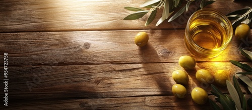 Olive oil and olives on a w...