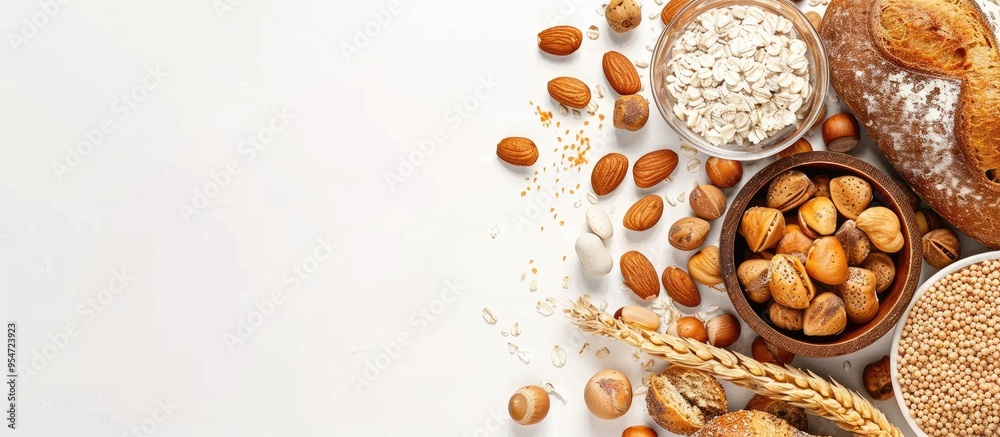 Food allergens on a white background Copyspace Close up view Concept of food allergies