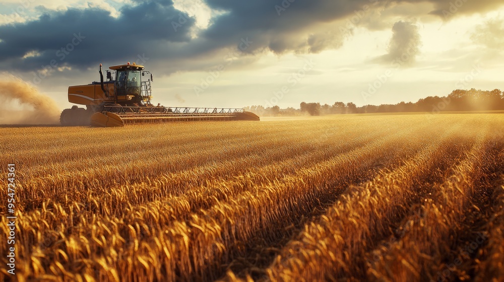 Fototapeta premium Golden wheat field being harvested by a combine harvester under a dramatic sky, capturing the essence of modern agriculture and farming.