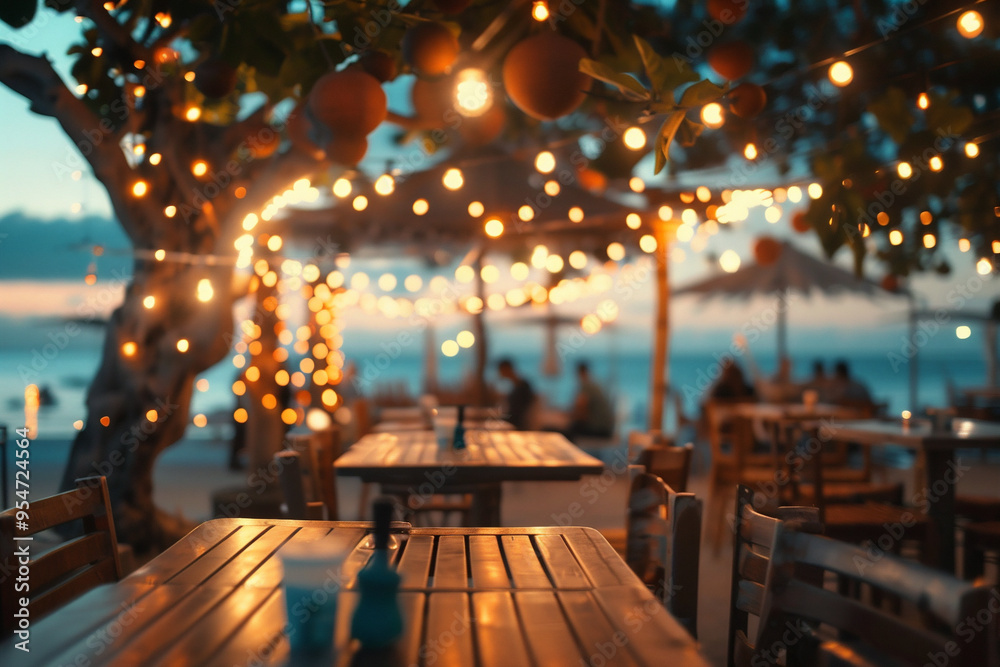 A beachside bar café adorned with warm string lights, creating a cozy and inviting atmosphere for evening relaxation. Perfect for seaside dining, sunset drinks, and social gatherings. Generative AI A beachside bar café adorned with warm string lights, creating a cozy and inviting atmosphere for evening relaxation. Perfect for seaside dining, sunset drinks, and social gatherings. Generative AI